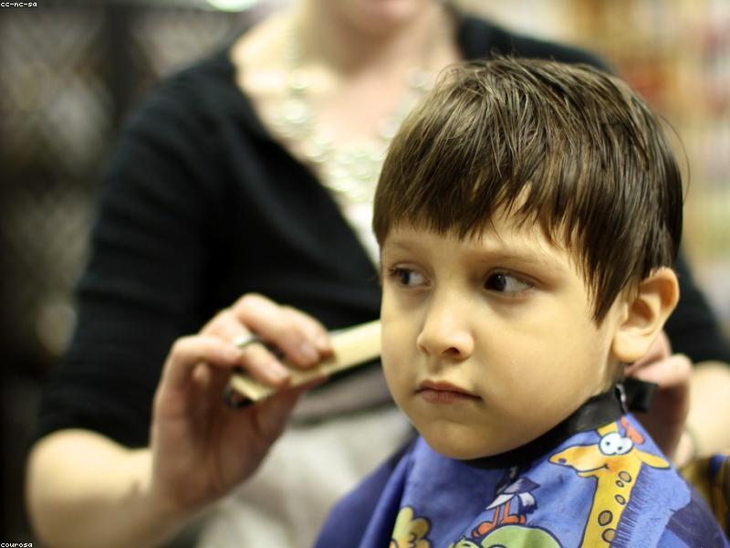 Stylist trimming a child's hair